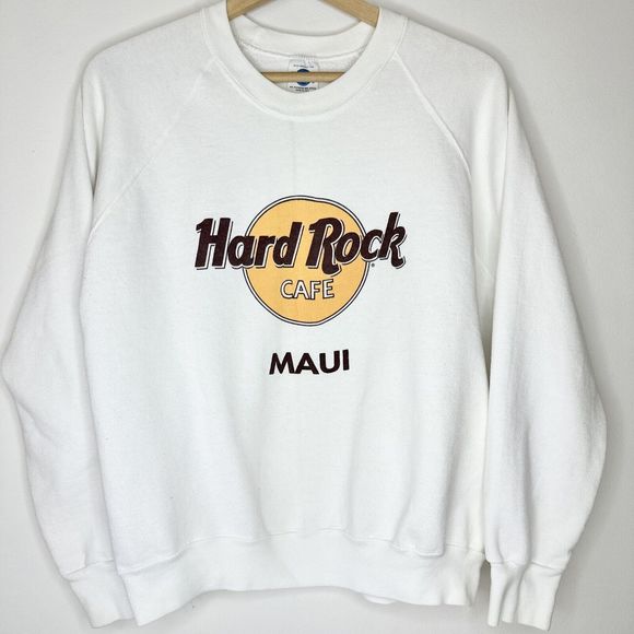 Vintage 90s Hard Rock Cafe MAUI Crewneck Sweatshirt Logo White Womens Large - Picture 1 of 9